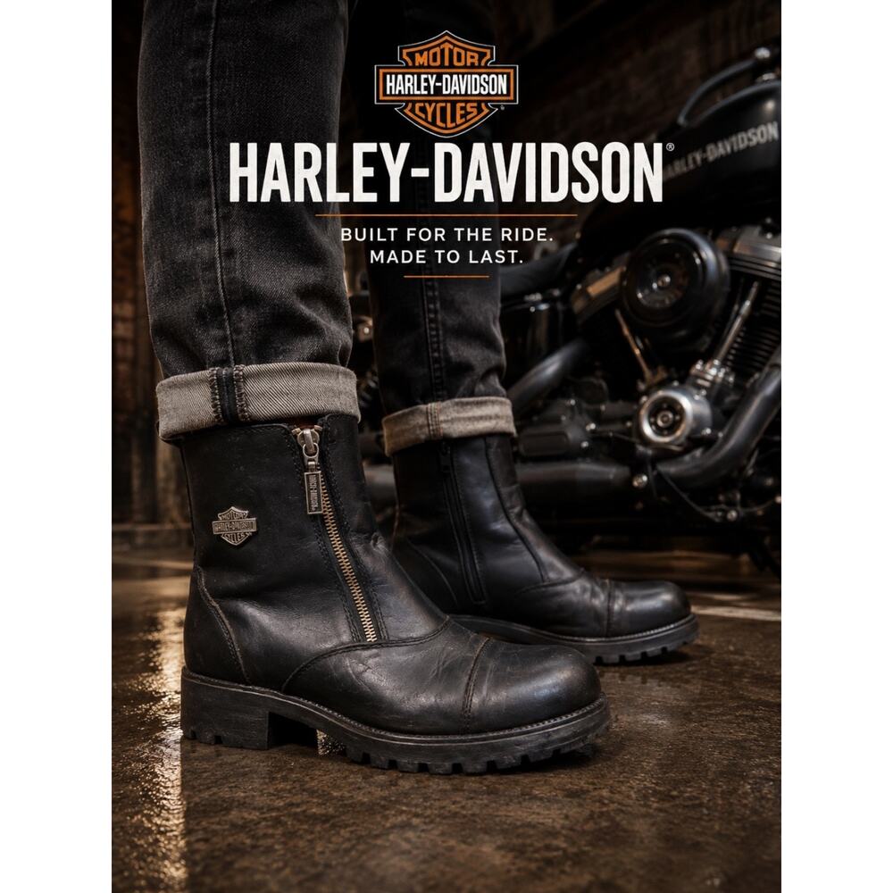 Harley-Davidson Black Leather Zip Moto Boots Lug Sole Biker Ankle Boots